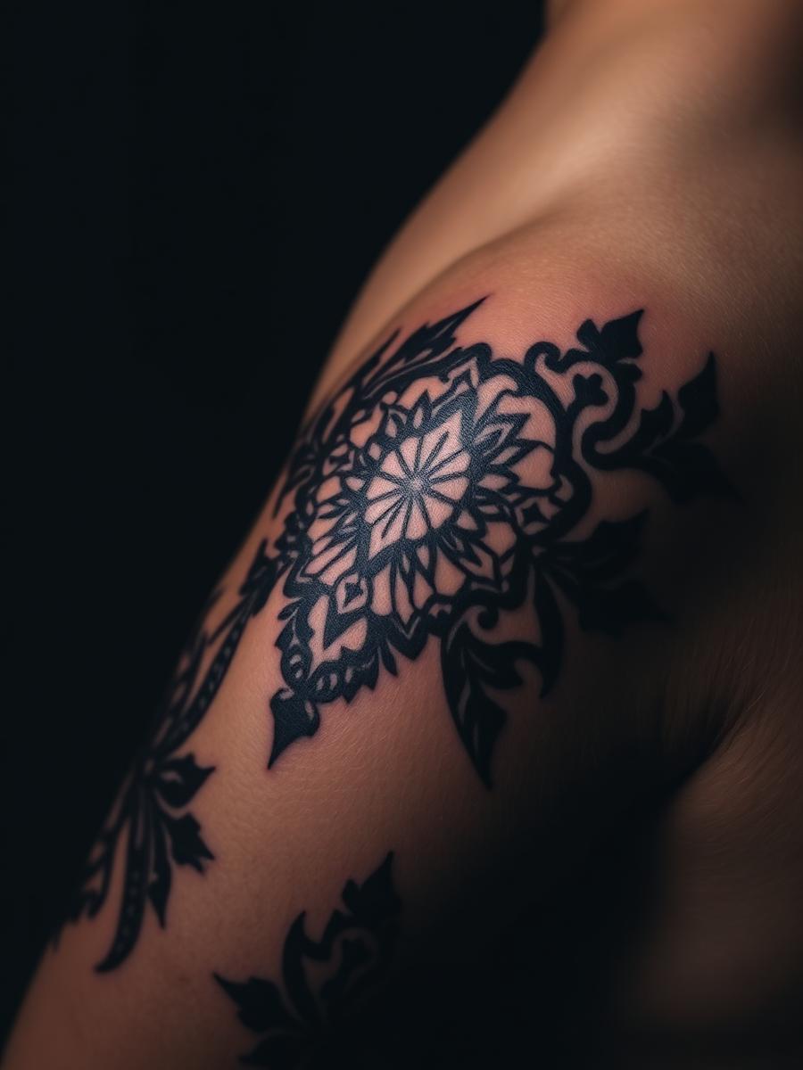Tatuaje blackwork ornamental sobre el hombro
