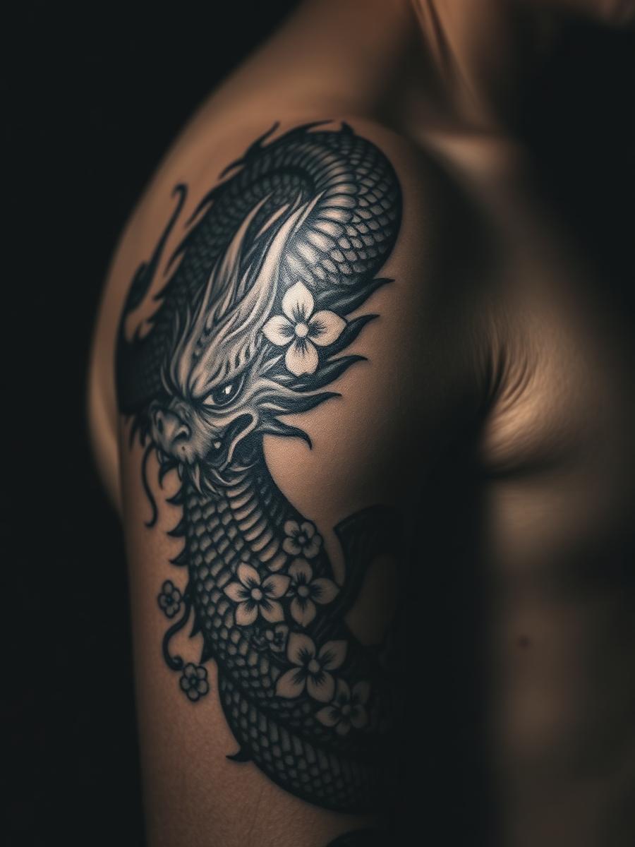 Tatuaje japonés de dragón en negro y gris sobre el brazo