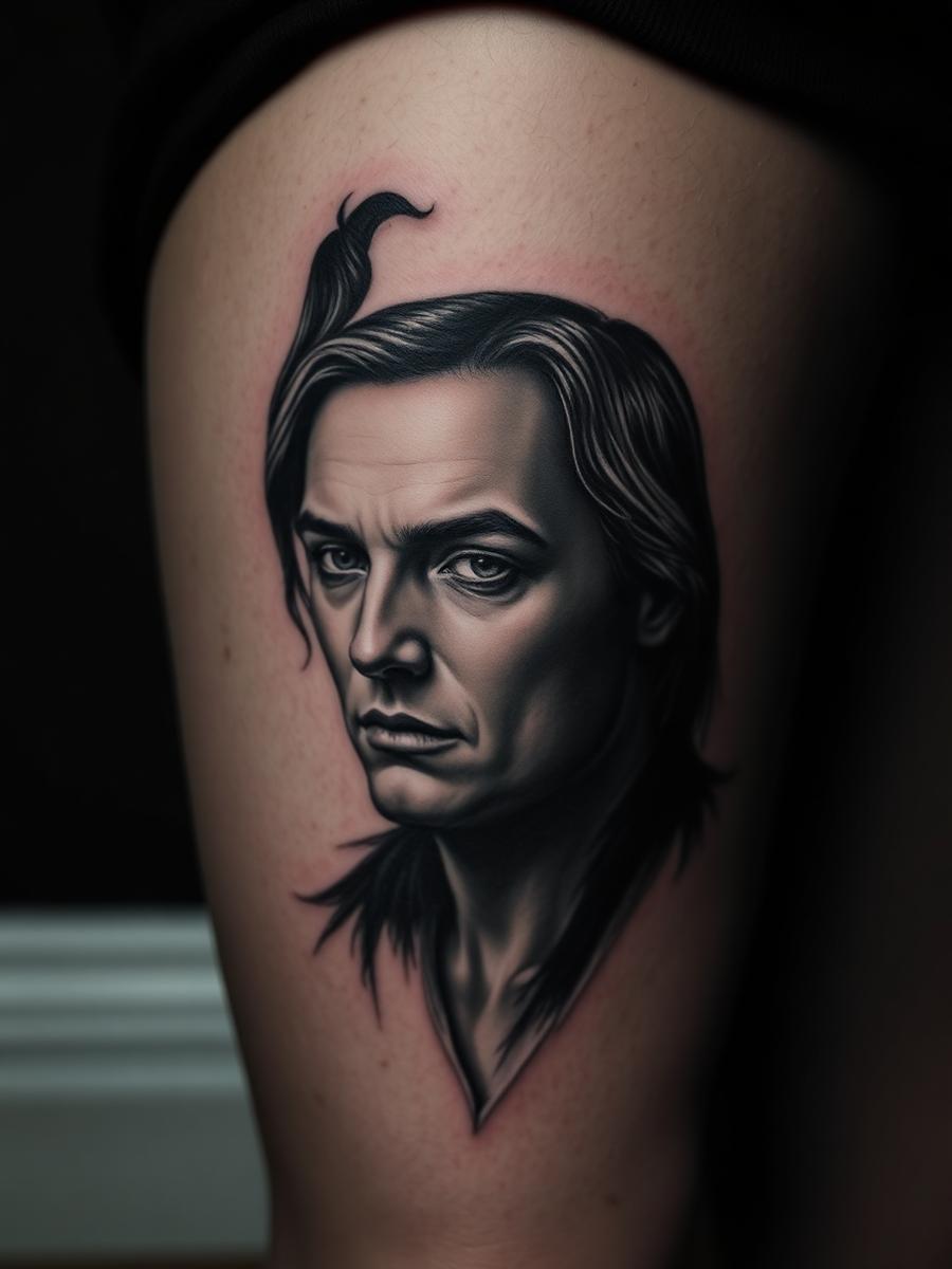 Tatuaje de realismo en negro y gris sobre el muslo